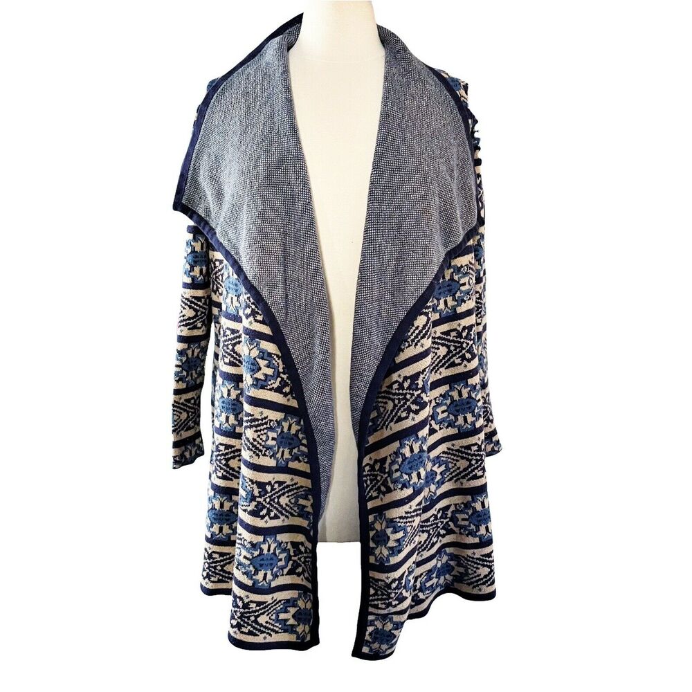 Lucky Brand Cardigan Sz‎ M Womens Aztec Tribal Print Waterfall Blue black Beige